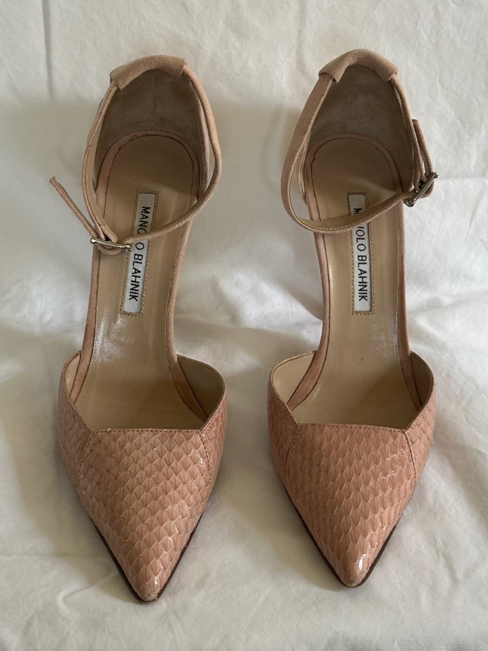 Manolo Blahnik pink suede & snakeskin pumps
